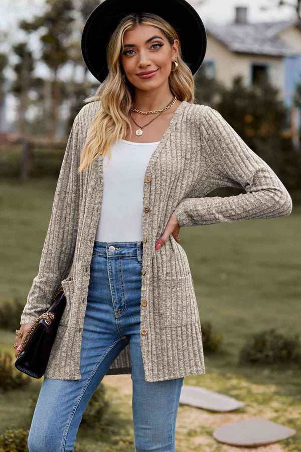 Ribbed Button-Up Cardigan with Pockets Trendsi