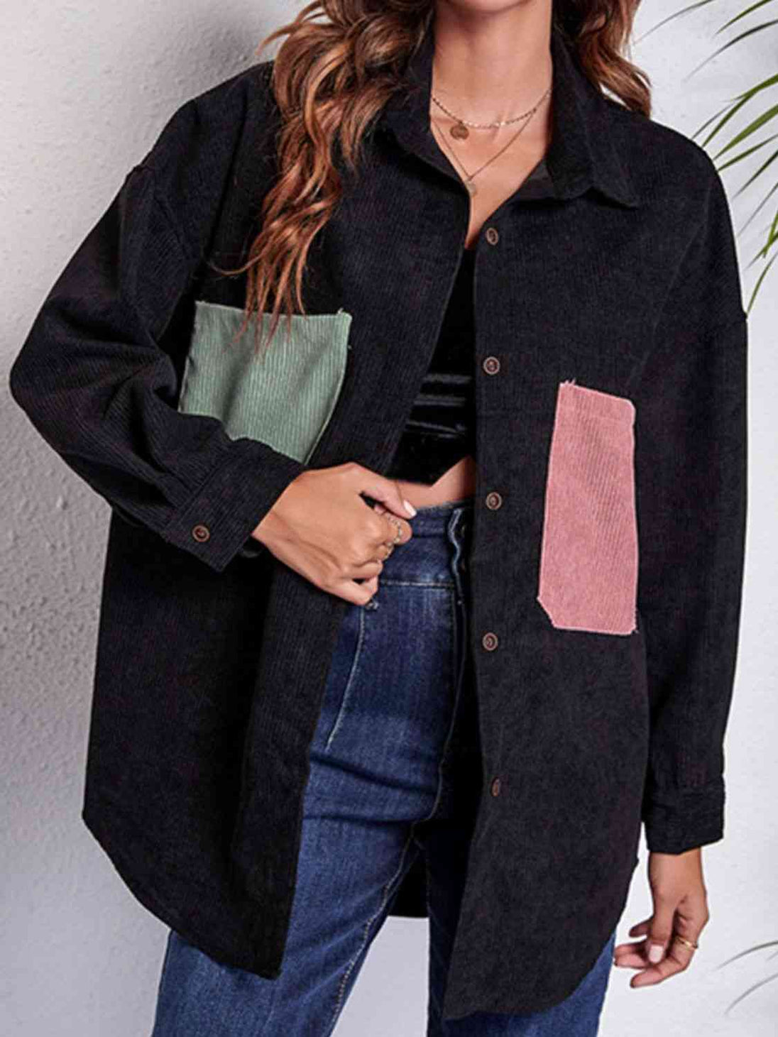 Patch Pocket Dropped Shoulder Shirt Jacket Trendsi
