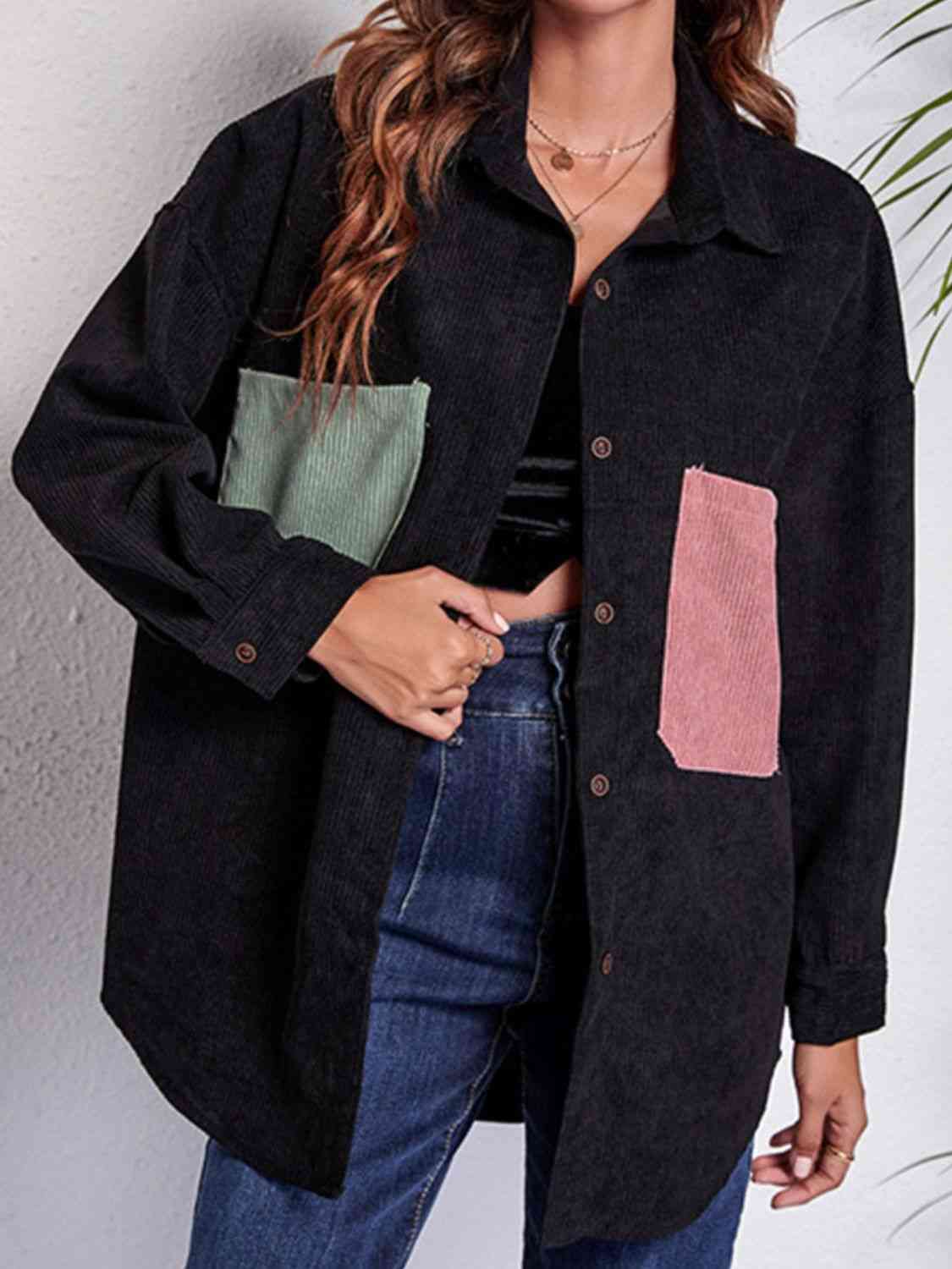 Patch Pocket Dropped Shoulder Shirt Jacket Trendsi