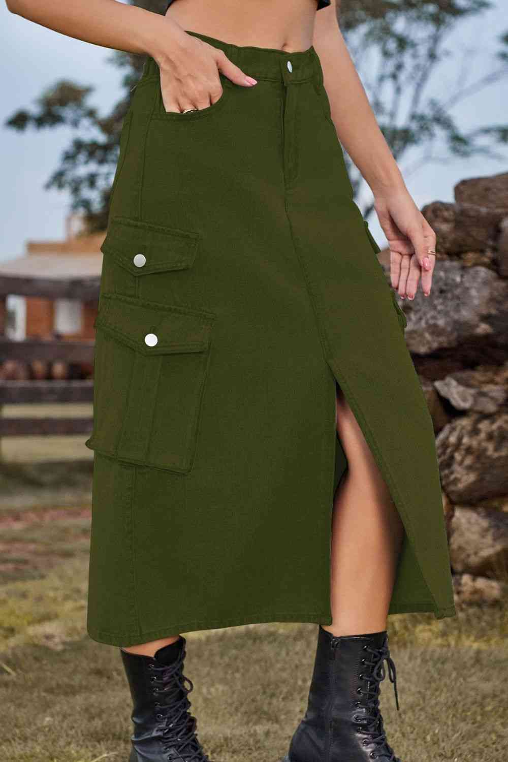Slit Front Midi Denim Skirt with Pockets Trendsi