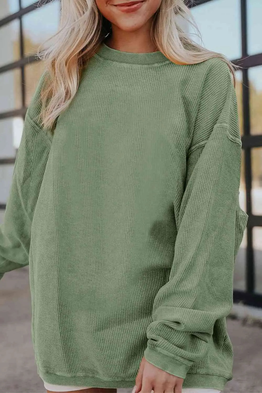 Ribbed Round Neck Drop Shoulder Sweatshirt Bazaarbey