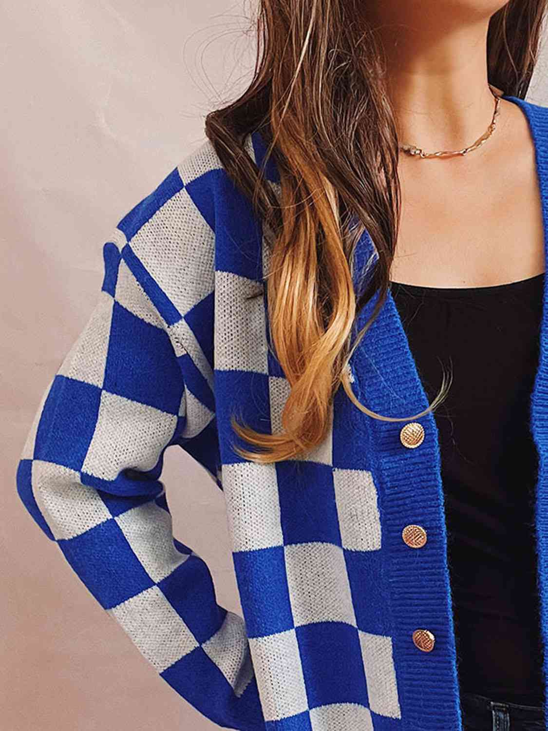 Checkered Open Front Button Up Cardigan Bazaarbey