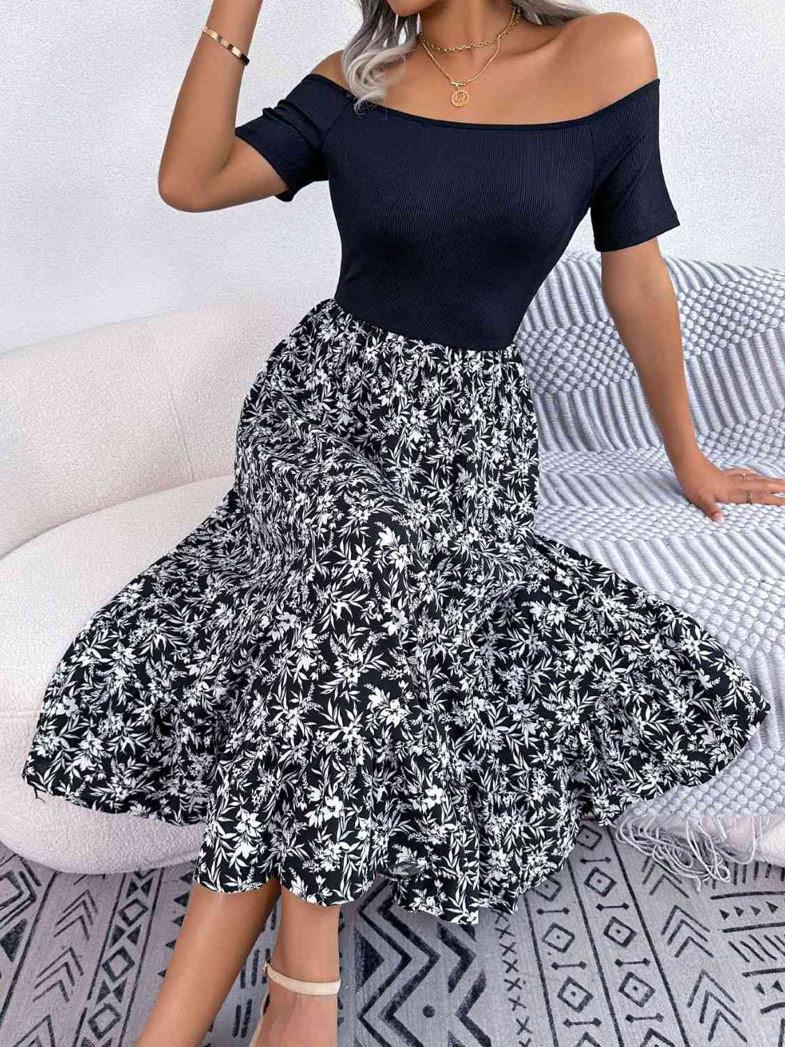Printed Off-Shoulder Ruffle Hem Dress -BazaarBey - www.shopbazaarbey.com