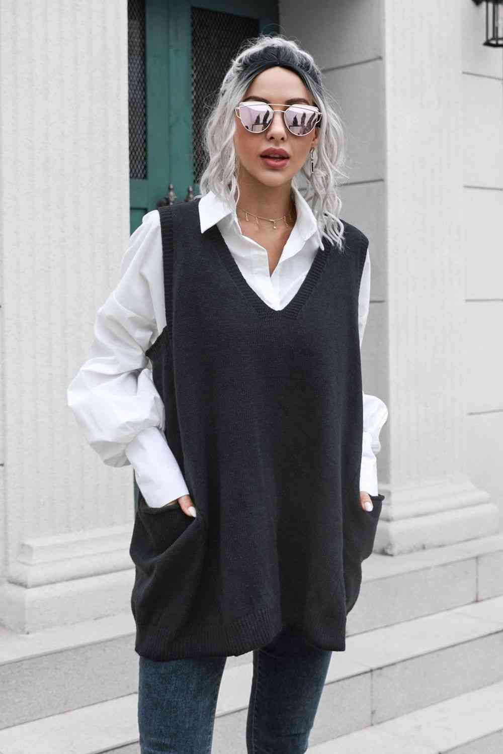 V-Neck Sleeveless Sweater Vest with Pocket Bazaarbey