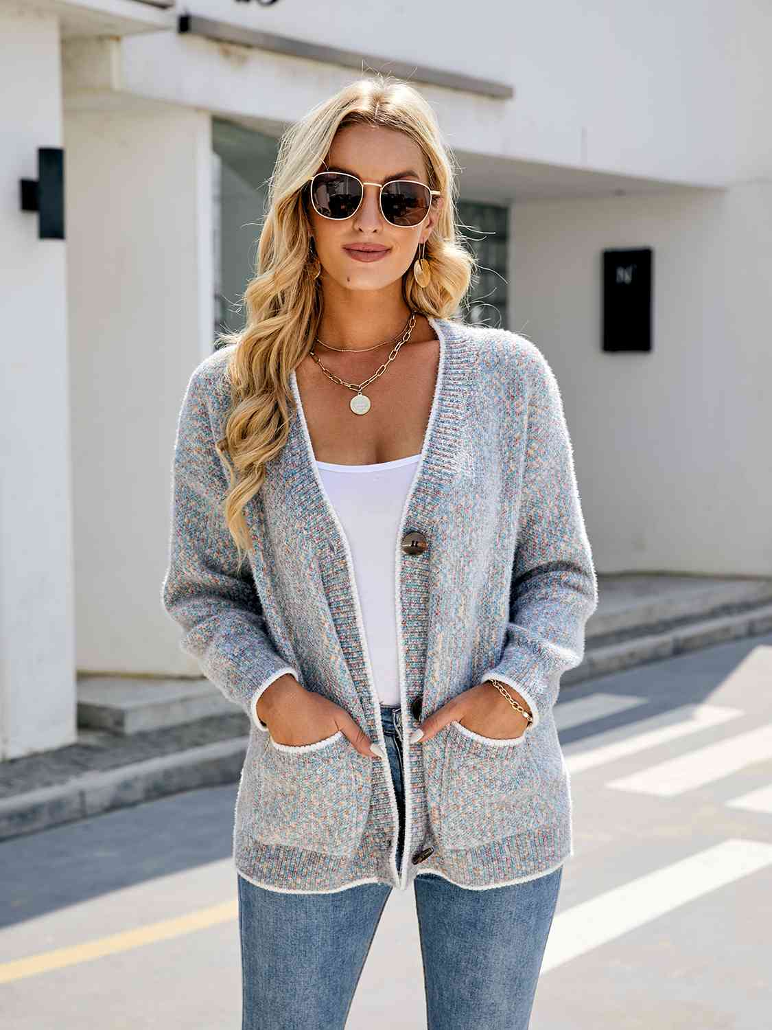 BazaarBey Button Down V-Neck Cardigan with Pockets 