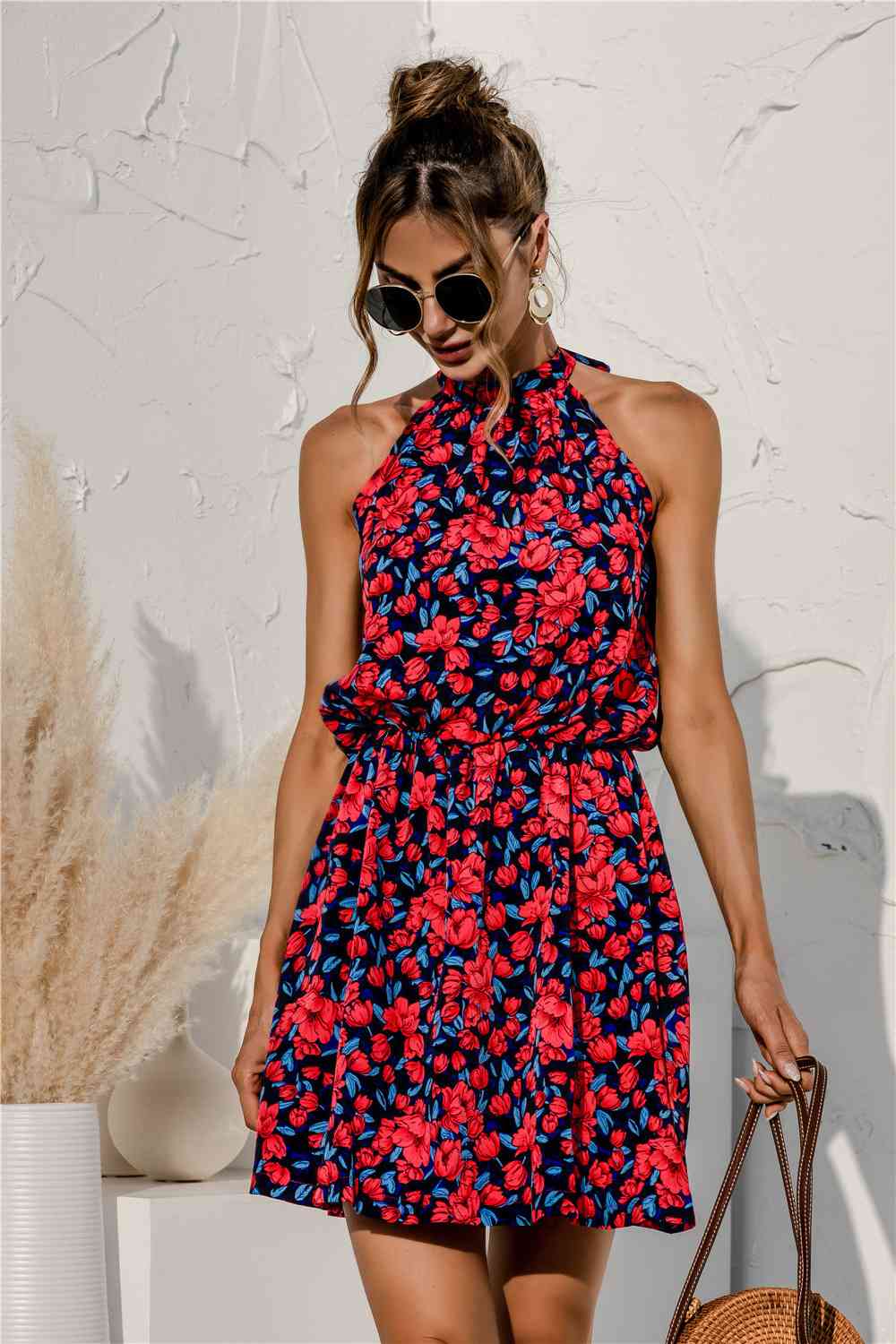 Floral Tied Sleeveless Mini Dress -BazaarBey - www.shopbazaarbey.com