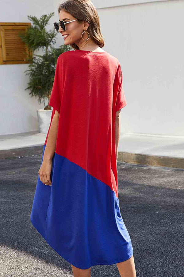 Color Block Round Neck Short Sleeve Dress -BazaarBey - www.shopbazaarbey.com