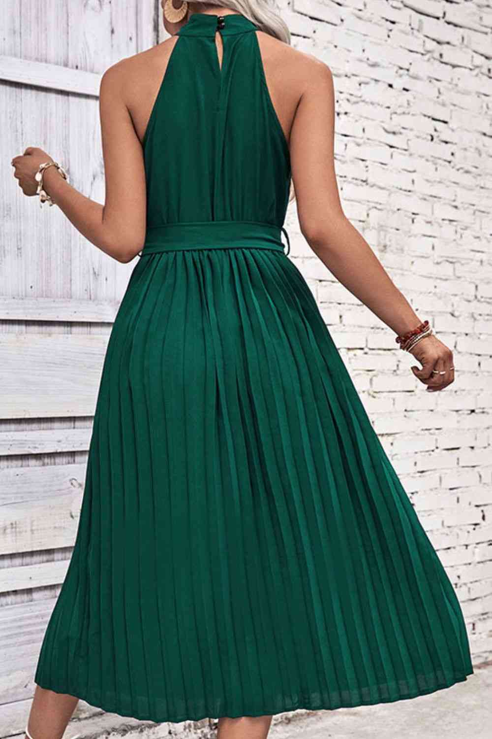 Tie Belt Pleated Midi Dress -BazaarBey - www.shopbazaarbey.com