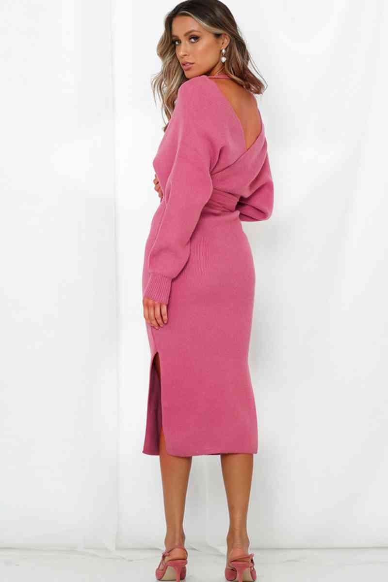 Surplice Neck Bow Waist Slit Sweater Dress Bazaarbey