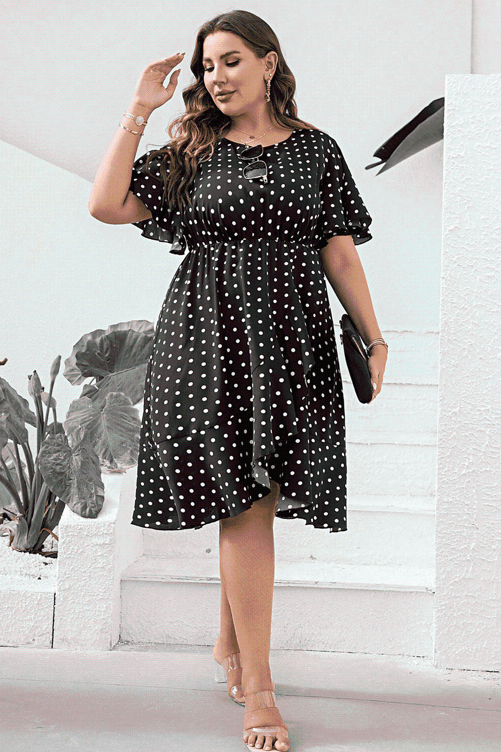 Plus Size Pol Flutter Sleeve Dress -BazaarBey - www.shopbazaarbey.com
