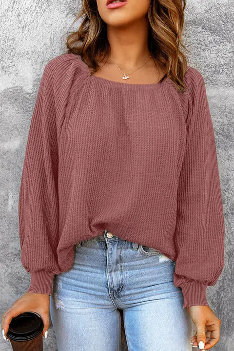 BazaarBey Square Neck Waffle-Knit Top Trendsi