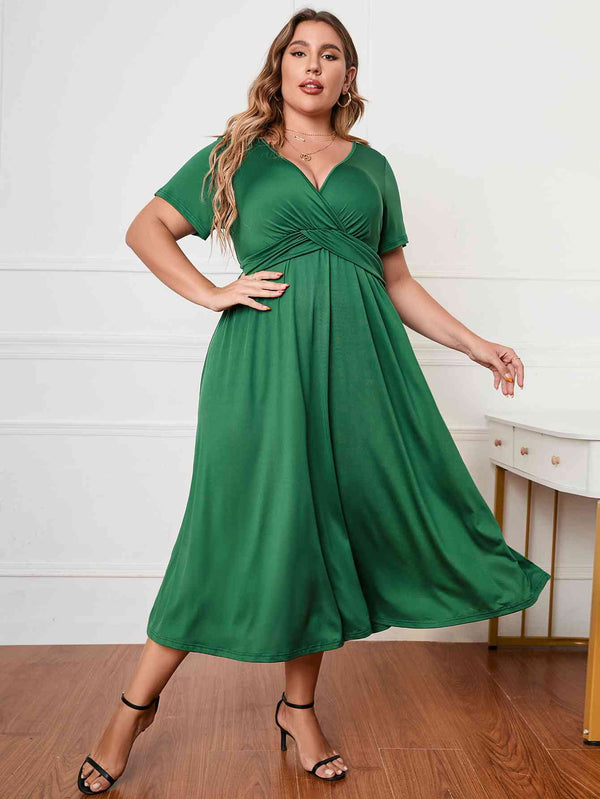 Plus Size Short Sleeve  Neck Midi Dress -BazaarBey - www.shopbazaarbey.com