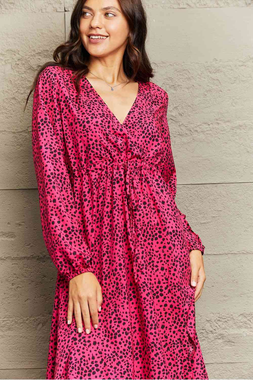 Printed  Neck Long Sleeve Slit Dress -BazaarBey - www.shopbazaarbey.com