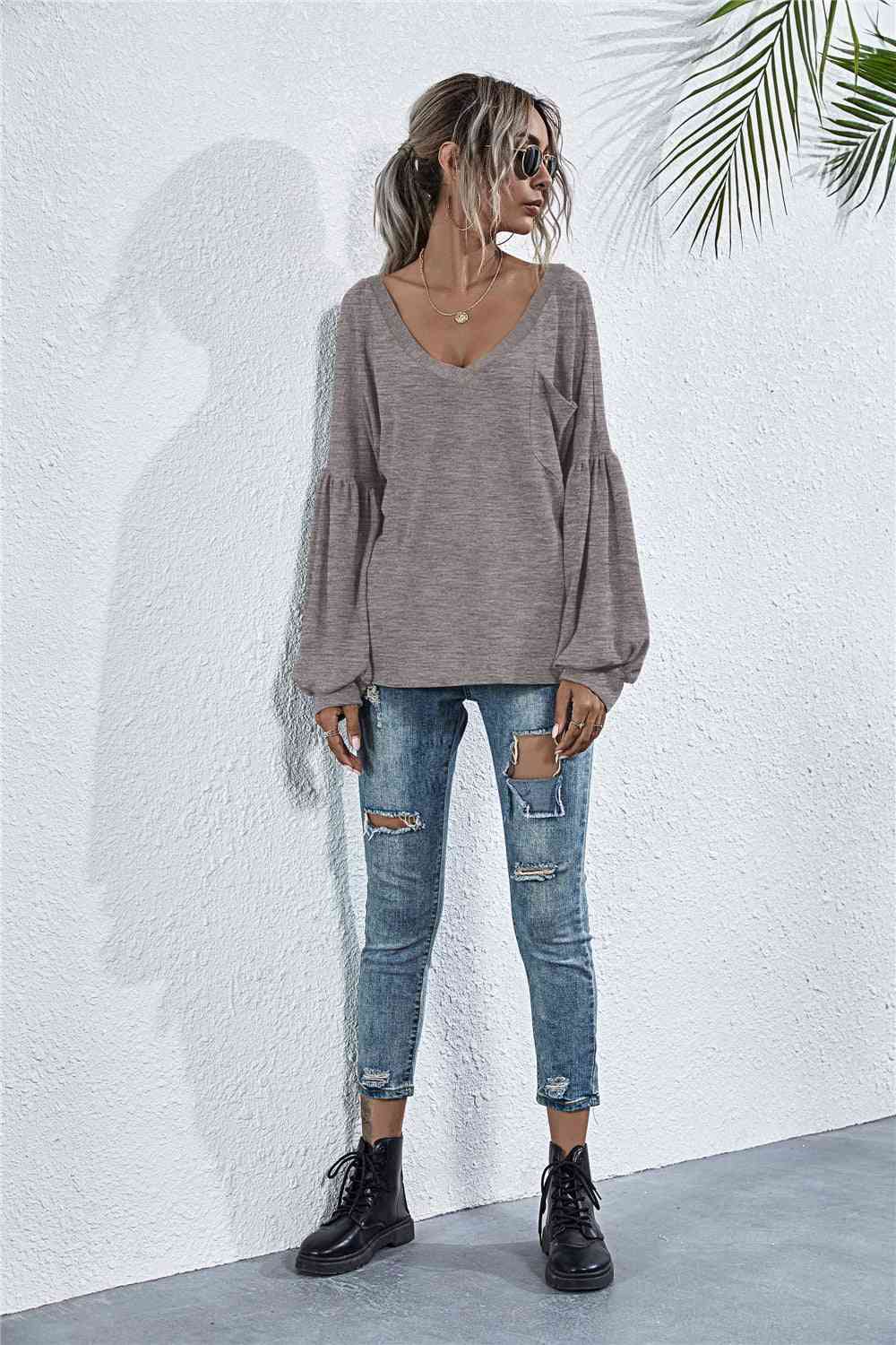 V-Neck Long Sleeve Dropped Shoulder Knit Top Bazaarbey