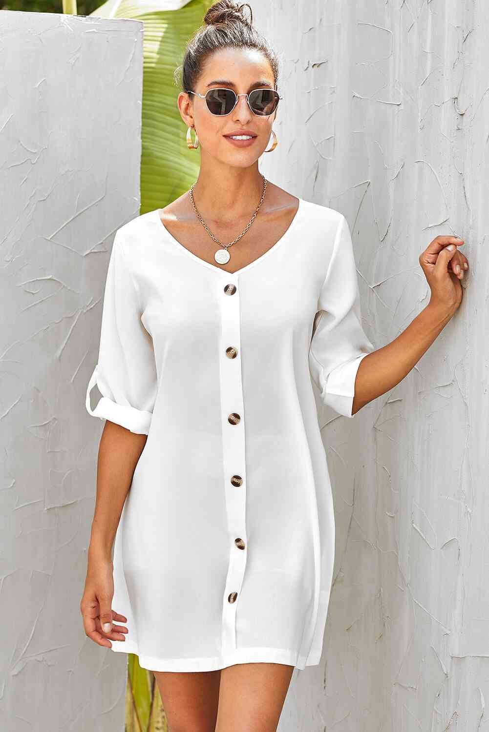 Buttoned V-Neck Dress -BazaarBey - www.shopbazaarbey.com
