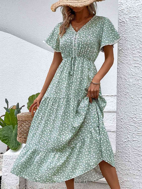 Floral V-Neck Tiered Dress -BazaarBey - www.shopbazaarbey.com