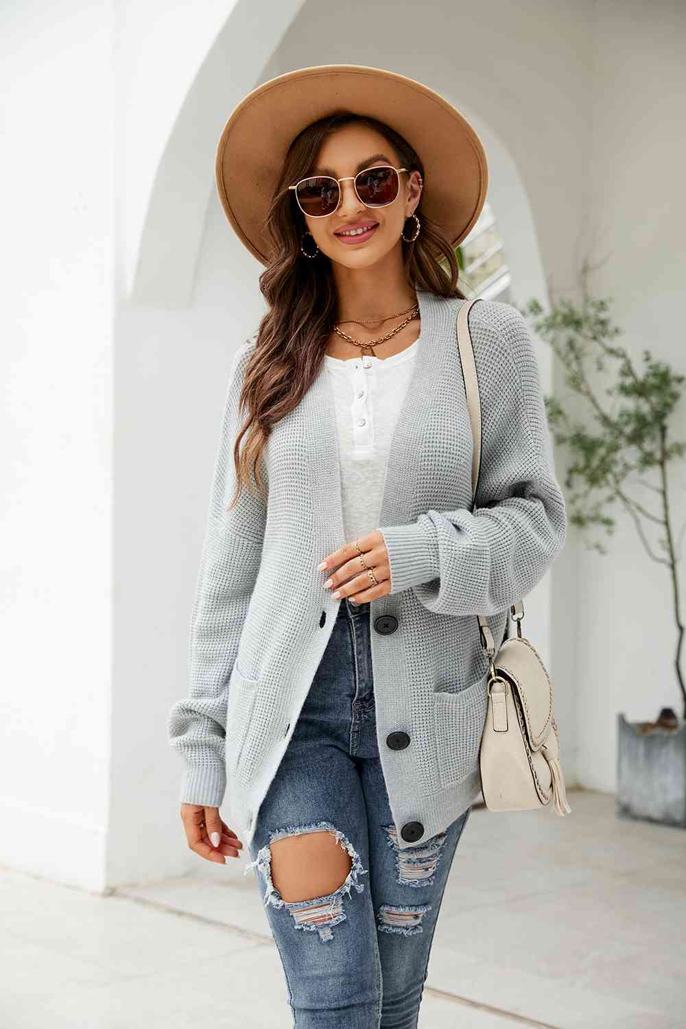 Button Up Drop Shoulder Long Sleeve Cardigan Trendsi