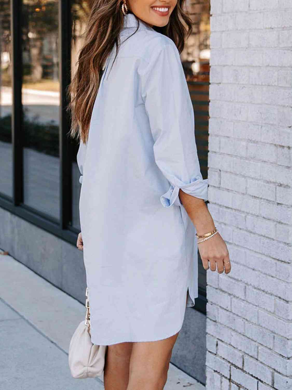 Button Up Collared Neck Long Sleeve Shirt Dress -BazaarBey - www.shopbazaarbey.com