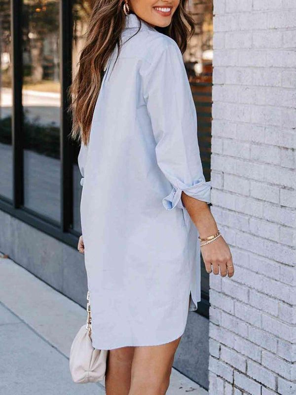 Button Up Collared Neck Long Sleeve Shirt Dress -BazaarBey - www.shopbazaarbey.com