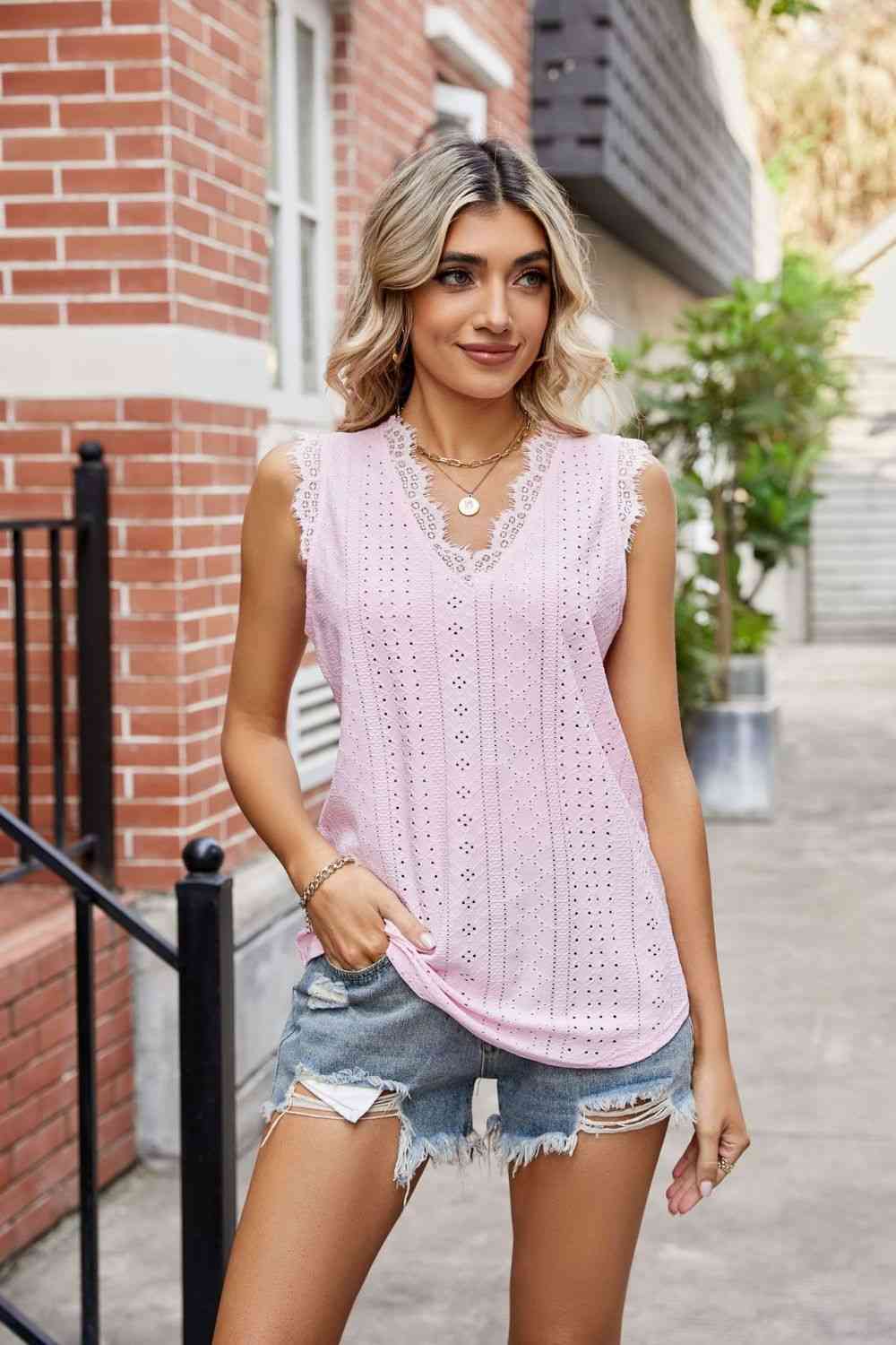  Lace Trim Eyelash V-Neck Tank Bazaarbey