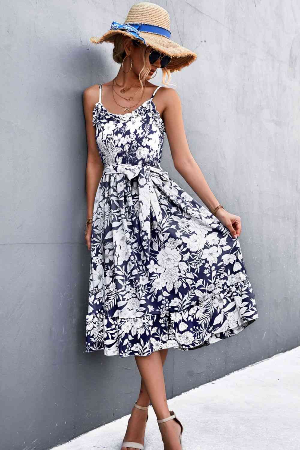 Floral Frill Trim Scoop Neck Spaghetti Strap Dress -BazaarBey - www.shopbazaarbey.com