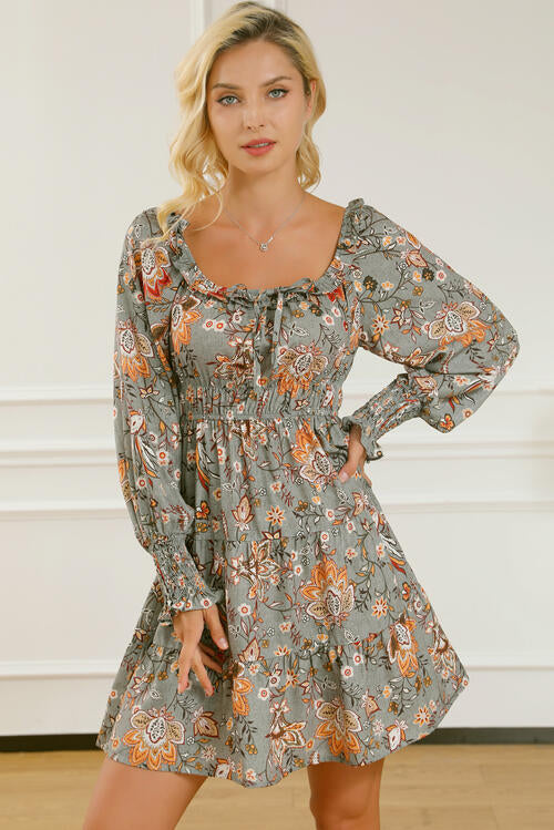 Printed Smocked Lantern Sleeve Tiered Dress -BazaarBey - www.shopbazaarbey.com