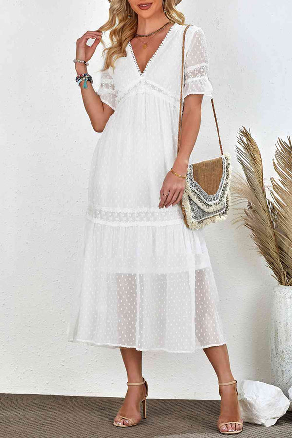  V-Neck Short Sleeve Midi Dress -BazaarBey - www.shopbazaarbey.com