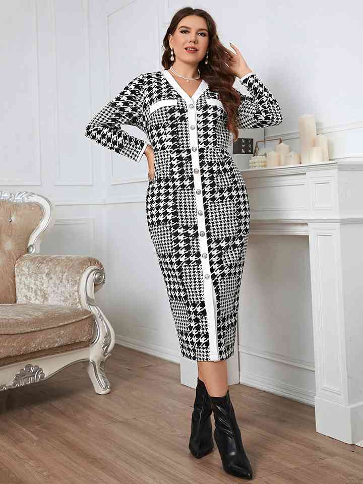 Plus Size  Button-Down Long Sleeve Dress -BazaarBey - www.shopbazaarbey.com