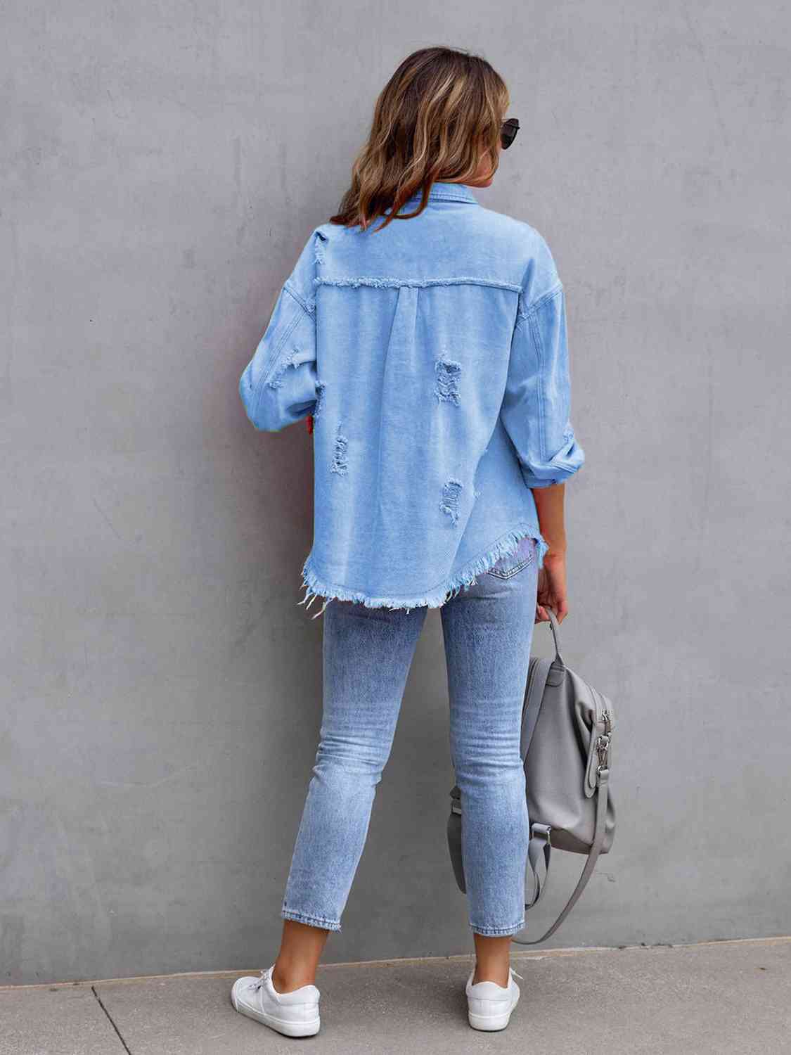 Distressed Drop Shoulder Denim Jacket Bazaarbey
