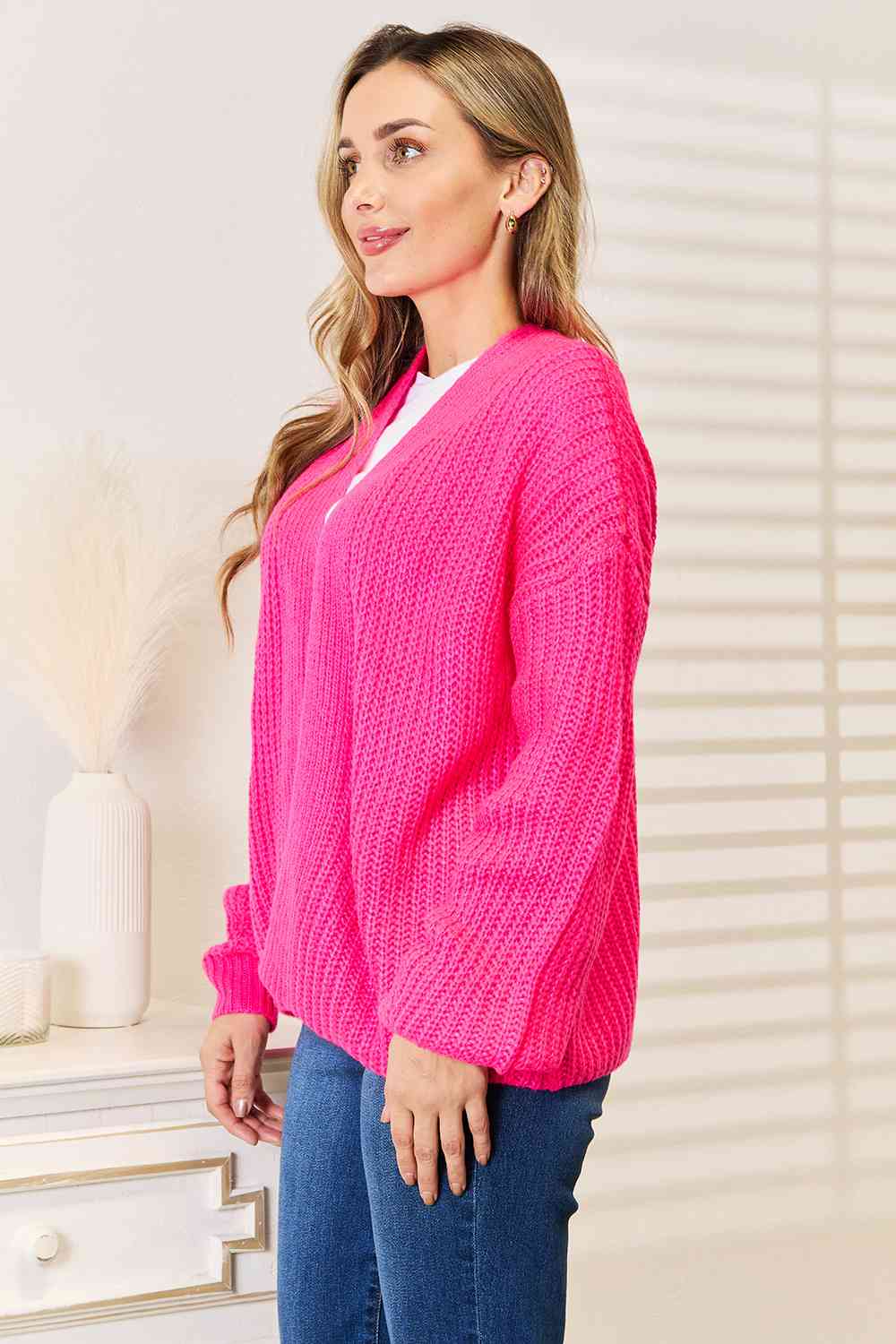 Woven Right Rib-Knit Open Front Drop Shoulder Cardigan Bazaarbey
