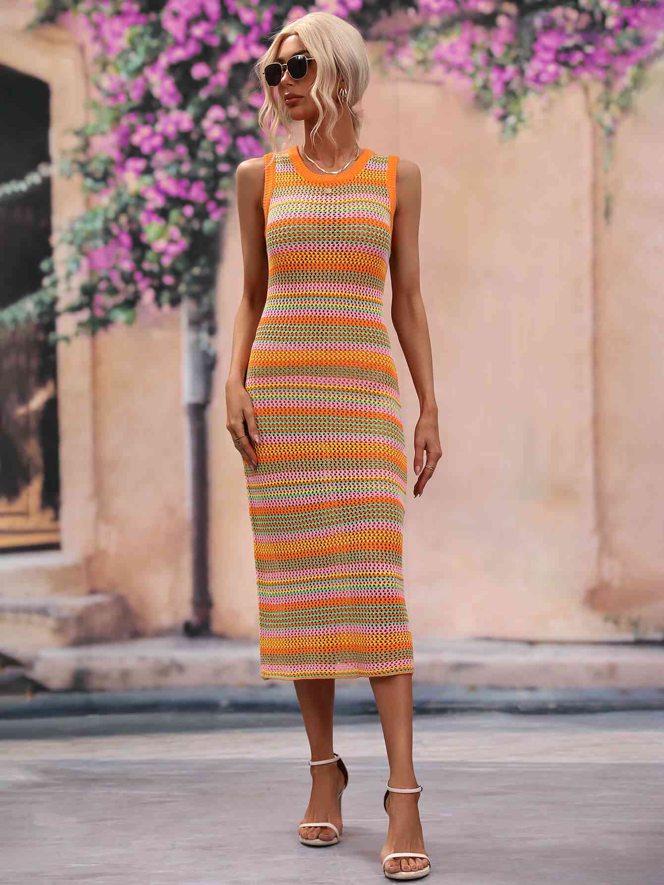 Striped Round Neck Sleeveless Midi Cover Up Dress Bazaarbey