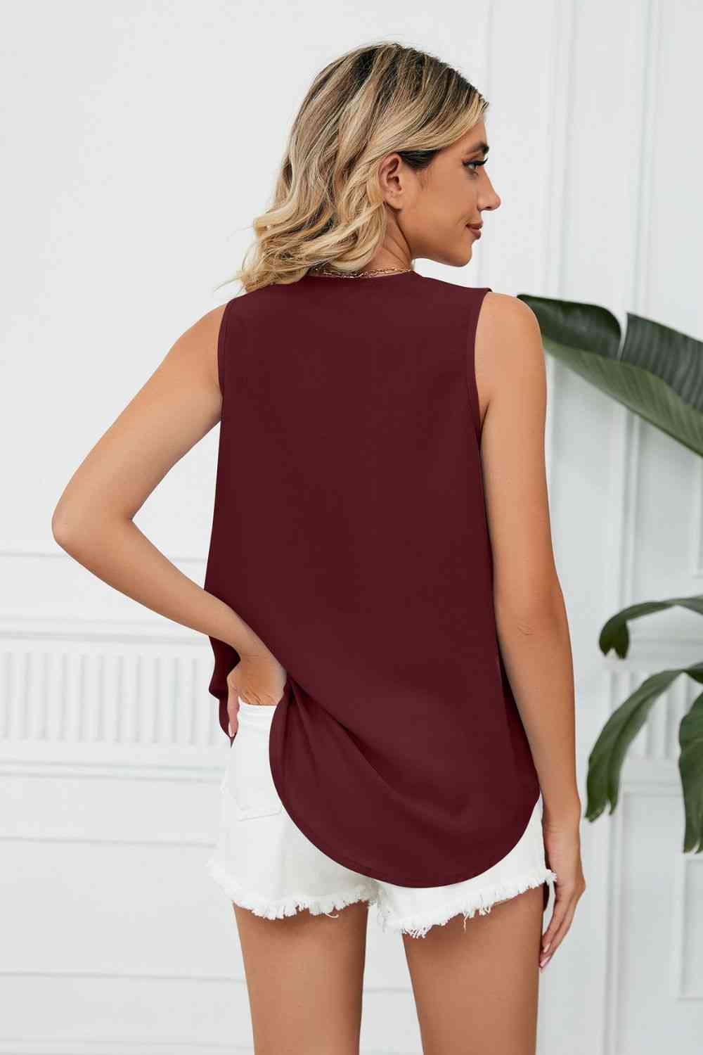 Contrast Trim Plunge Sleeveless Blouse Bazaarbey