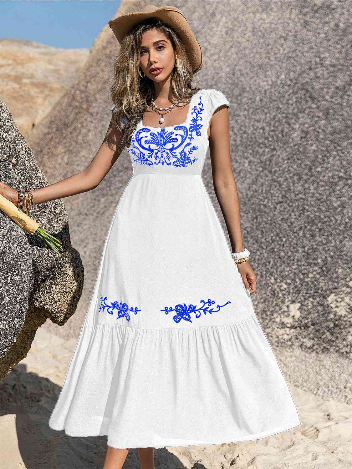 Embroidered Square Neck Ruffle Hem Dress -BazaarBey - www.shopbazaarbey.com