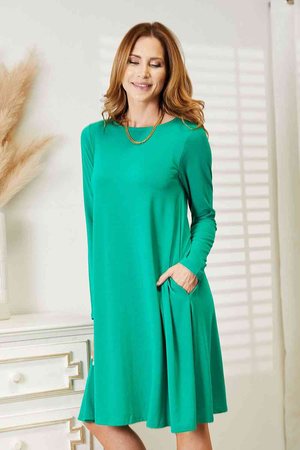 Full Size Long Sleeve Flare Dress with Pockets -BazaarBey - www.shopbazaarbey.com