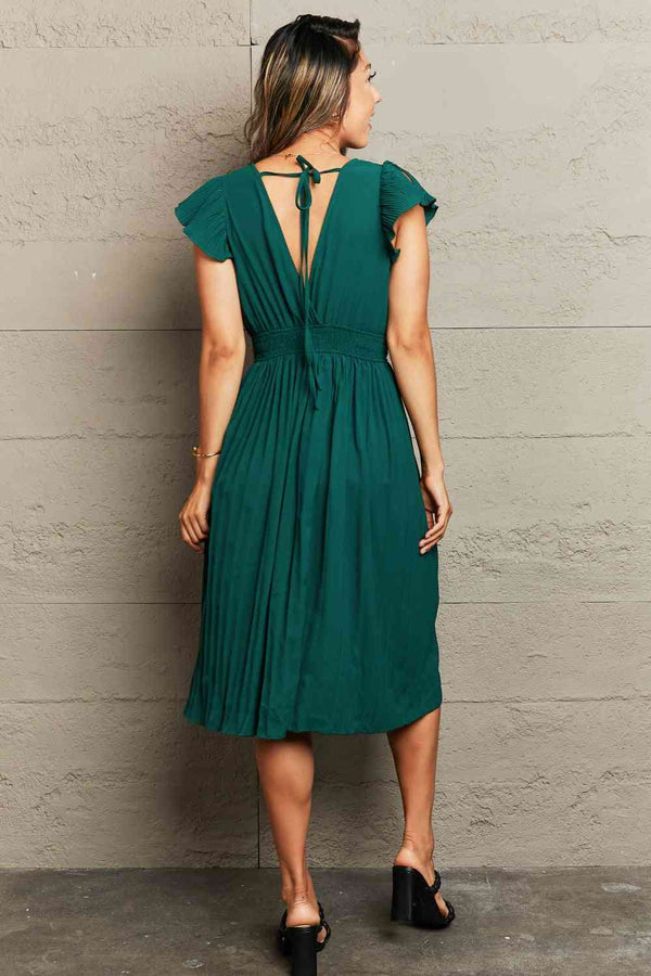 Tied Smocked Waist Flutter Sleeve Dress -BazaarBey - www.shopbazaarbey.com