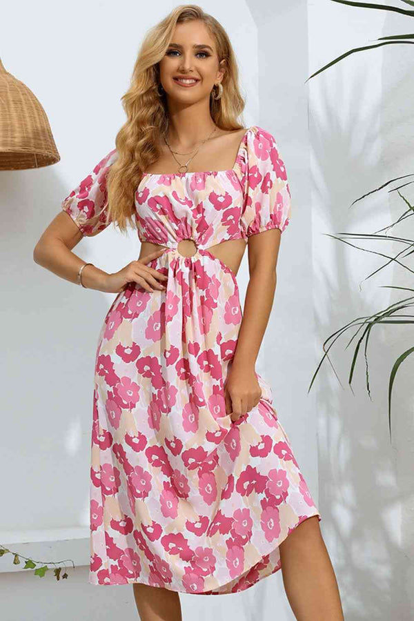 Floral Cutout Square Neck Puff Sleeve Dress -BazaarBey - www.shopbazaarbey.com