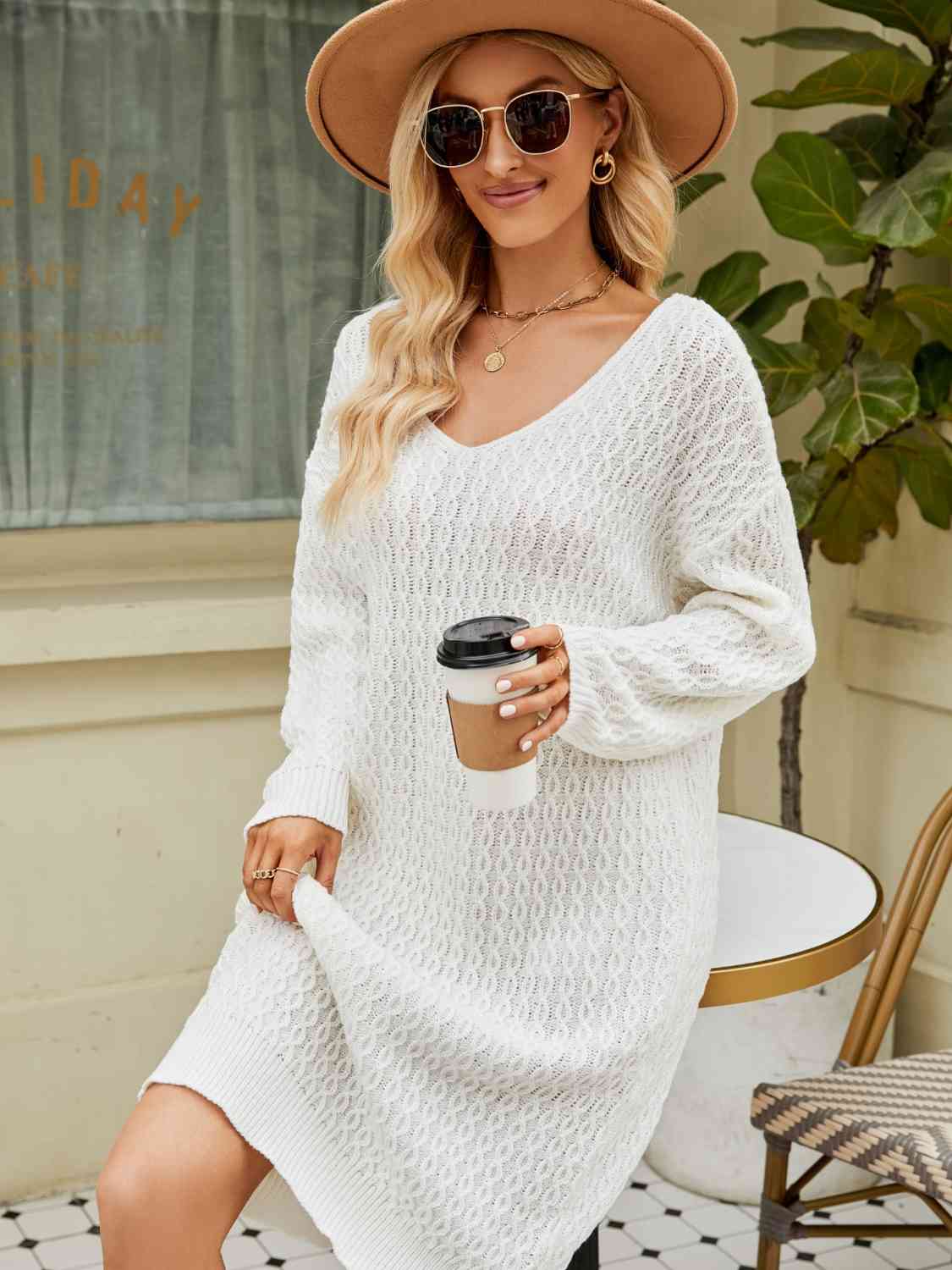 V-Neck Long Sleeve Sweater Dress Bazaarbey