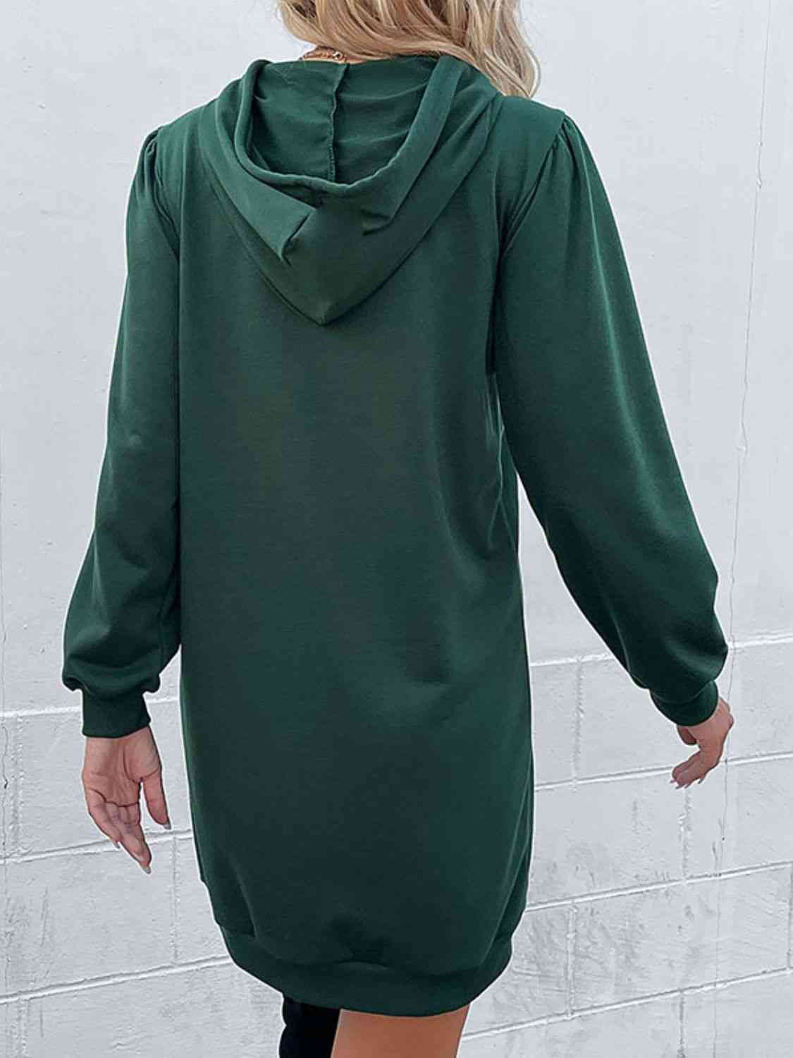 Drawstring Puff Sleeve Hooded Dress -BazaarBey - www.shopbazaarbey.com