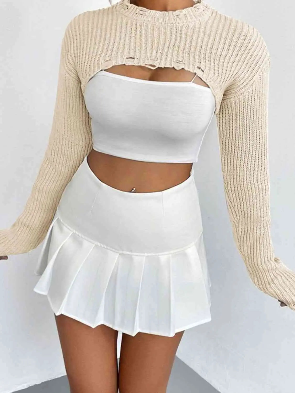 Distressed Long Sleeve Cropped Sweater Trendsi