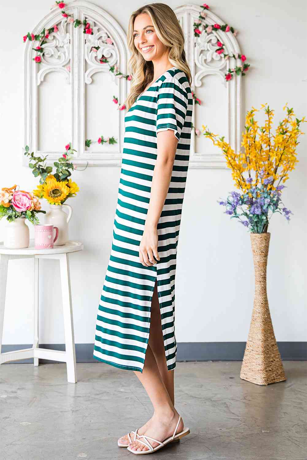 Striped V-Neck Short Sleeve Side Slit Dress -BazaarBey - www.shopbazaarbey.com