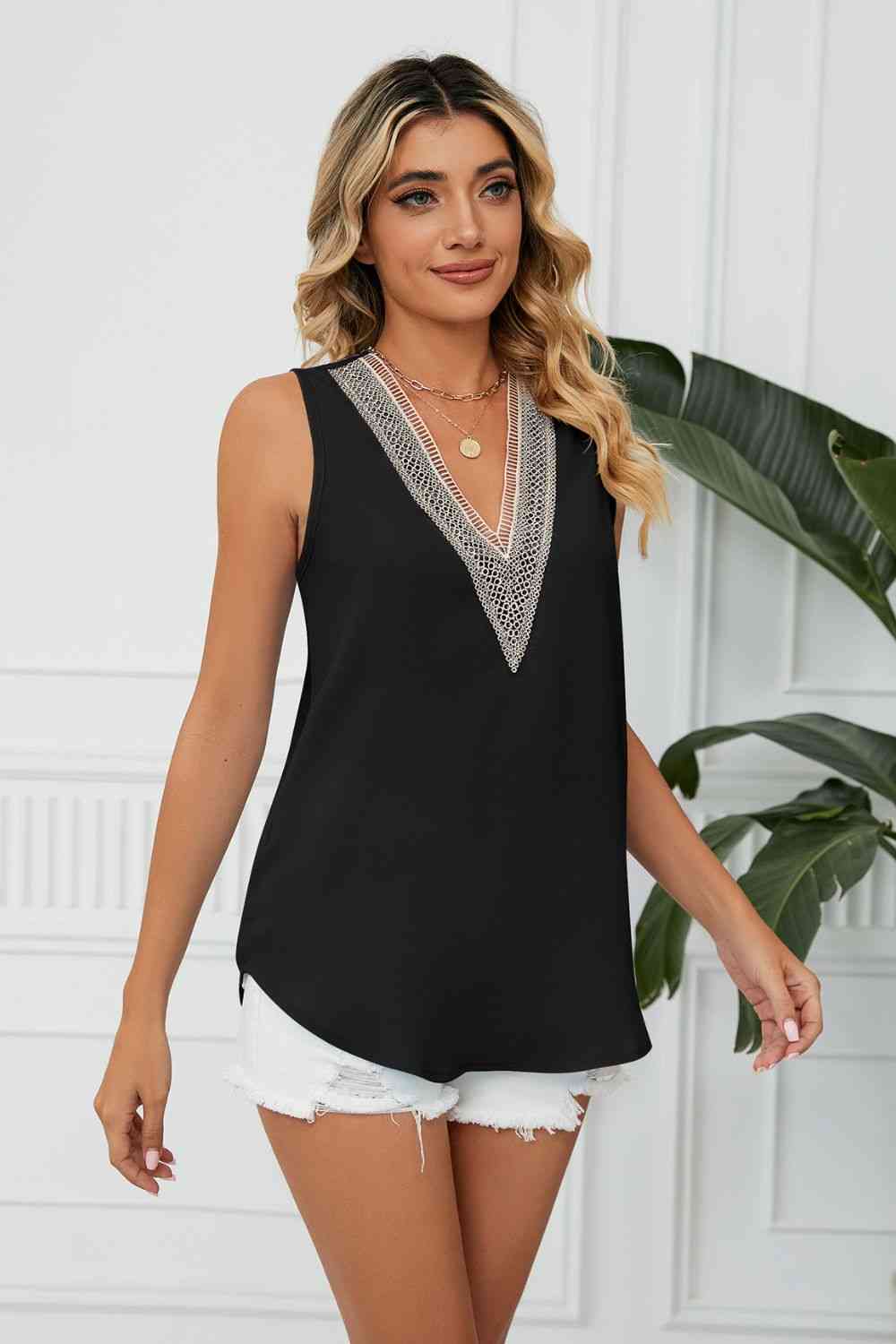 Contrast Trim Plunge Sleeveless Blouse Bazaarbey
