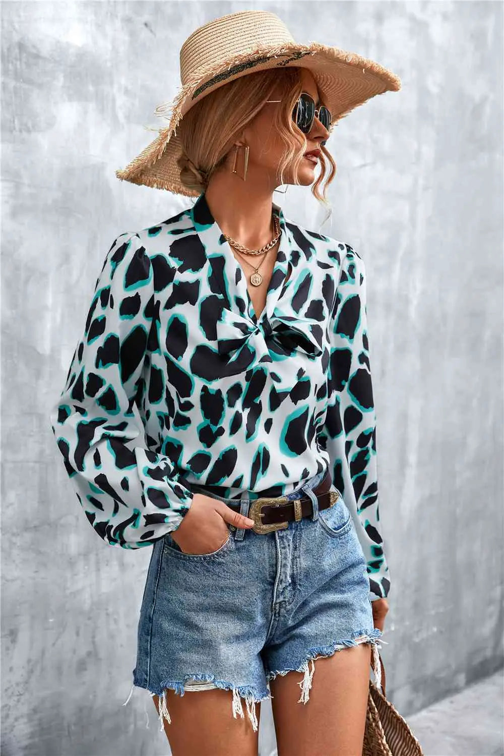 Printed Tie Neck Puff Sleeve Blouse Bazaarbey