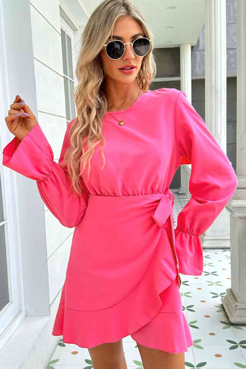 Round Neck Flounce Sleeve Ruffle Hem Mini Dress -BazaarBey - www.shopbazaarbey.com