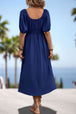 Square Neck Smocked Waist Puff Sleeve Midi Dress -BazaarBey - www.shopbazaarbey.com