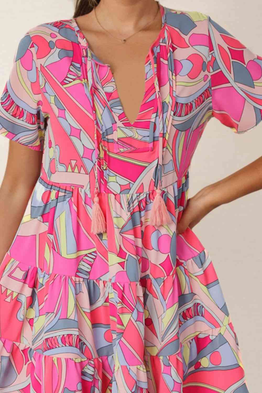Multicolored Tie Neck Short Sleeve Tiered Dress -BazaarBey - www.shopbazaarbey.com