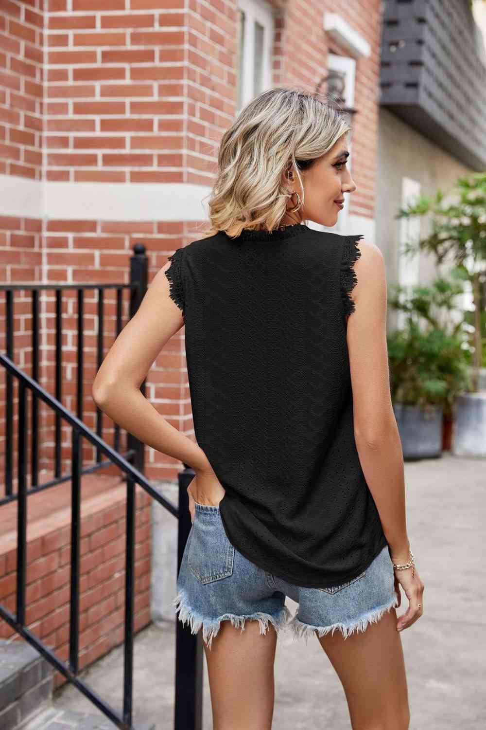  Lace Trim Eyelash V-Neck Tank Bazaarbey