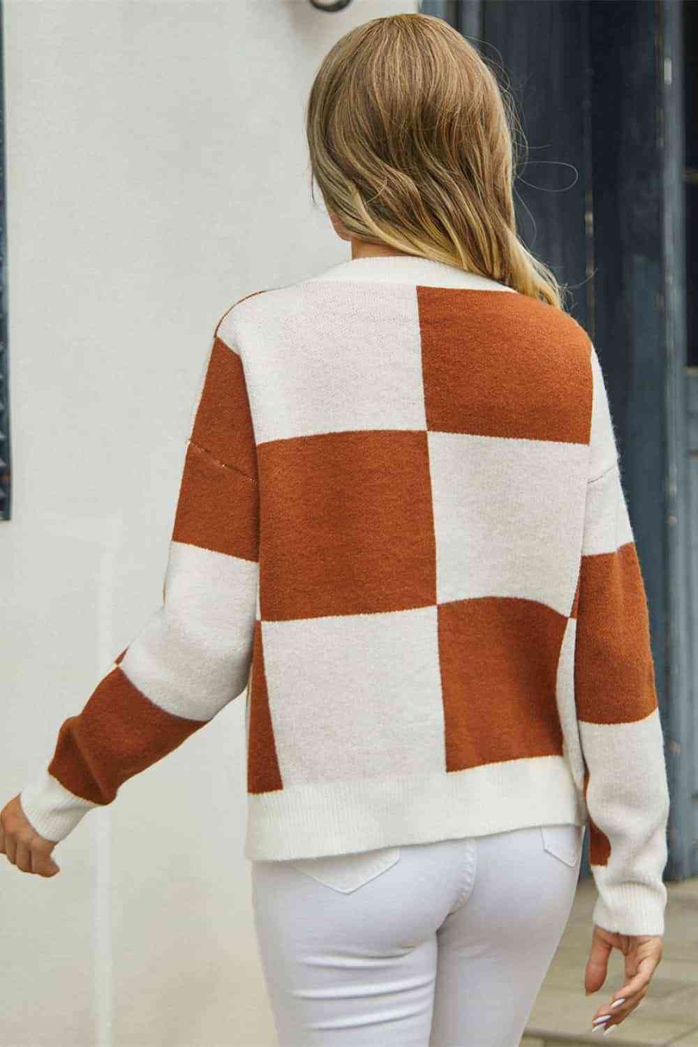 Plaid V-Neck Dropped Shoulder Cardigan Trendsi