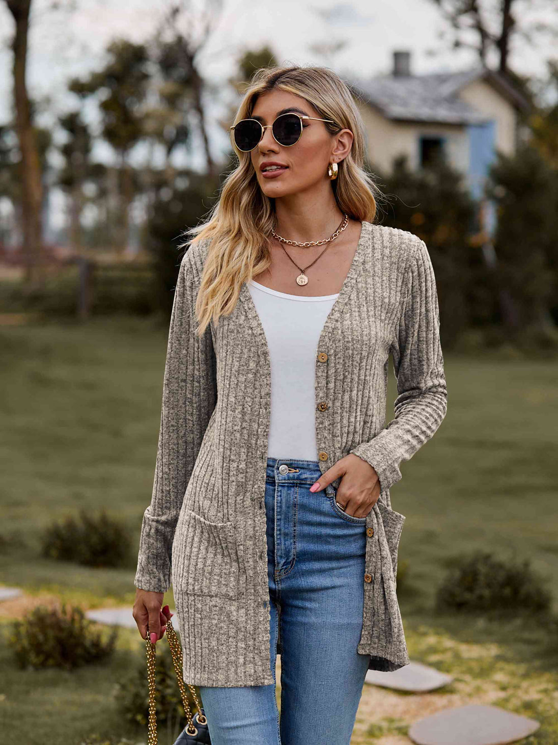 Ribbed Button-Up Cardigan with Pockets Trendsi