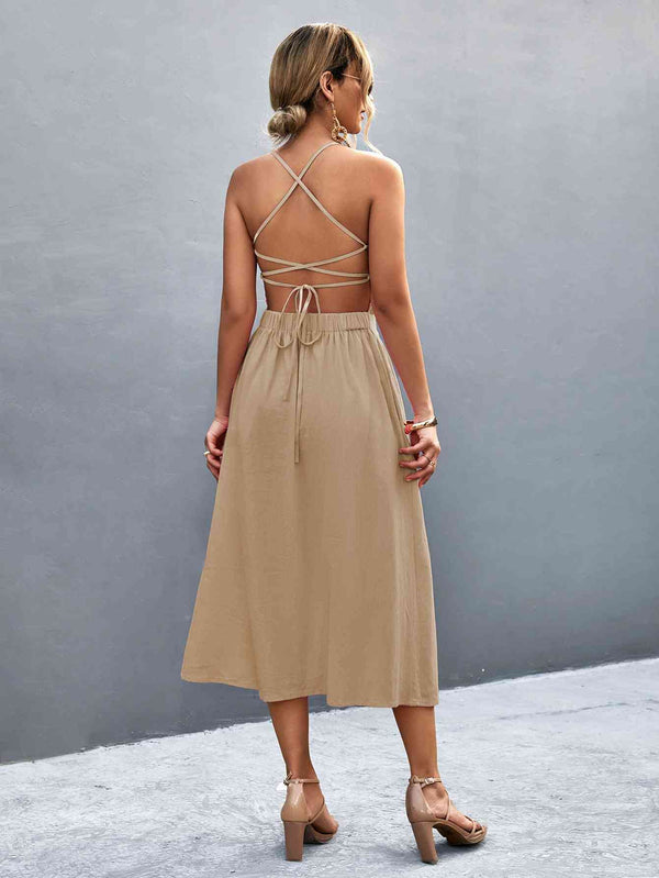 Buttoned Halter Neck Frill Trim Midi Dress -BazaarBey - www.shopbazaarbey.com