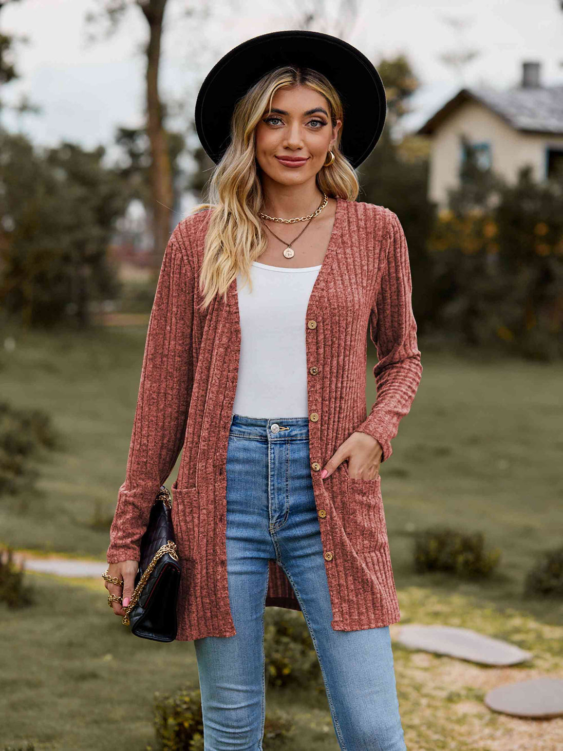 Ribbed Button-Up Cardigan with Pockets Trendsi